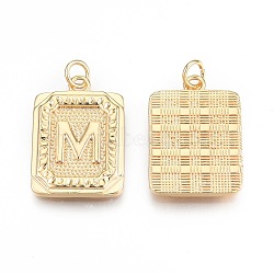 Brass Pendants, with Jump Rings, Cadmium Free & Nickel Free & Lead Free, Rectangle with Letter, Real 18K Gold Plated, Letter.M, 22.5x16x2mm, Jump Ring: 5x1mm, 3mm inner diameter(KK-N232-512M)