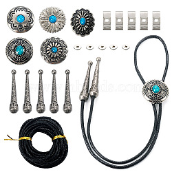 PandaHall DIY Flower Bolo Tie Making Kit, Including Zinc Alloy Buttons & Cord End, Braided Cowhide Cords, Alloy & Turquoise Buttons, Bolo Tie Slides Clasp Accessories, Antique Silver(DIY-PJ0001-38)