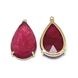 Natural Jade Pendants, with Brass Findings, Faceted, teardrop, Dyed, Golden, Dark Red, 31.5~32.5x18~18.5x5.5~6mm, Hole: 1.4mm(G-E526-08C)