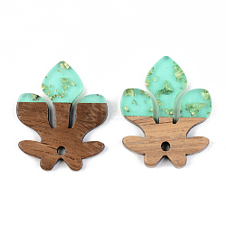 Transparent Resin & Walnut Wood Pendants, with Gold Foil, Fleur De Lis, Pale Turquoise, 28x23x3mm, Hole: 2mm(RESI-S389-051B-B02)