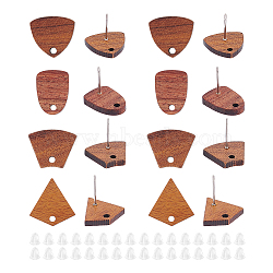 16 Pairs 4 Style Triangle & Kite & Trapezoid Walnut Wood Stud Earring Findings, with 304 Stainless Steel Pins, 100Pcs Plastic Ear Nuts, Coconut Brown, 12~16x11~15.5mm, Hole: 1.6mm, Pin: 0.6mm, 4 Pairs/style(WOOD-UN0001-07)