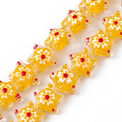 Handmade Lampwork Beads Strands, with Enamel, Star with Sakura Pattern, Gold, 13x13.5x12mm, Hole: 1mm, about 33pcs/strand, 14.72 inch(37.4cm)(LAMP-F029-03C)