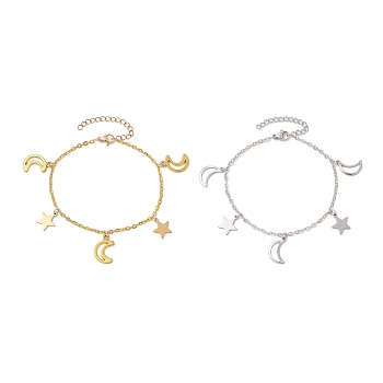 2Pcs 2 Colors 304 Stainless Steel & Iron Cable Chain Bracelets, Moon & Star Charm Bracelets for Women, Golden & Stainless Steel Color, 7-1/2 inch(19.1cm), 1pc/color