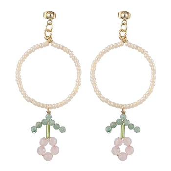 Flower Glass Seed Beads Dangle Earrings, 304 Stainless Steel Stud Earring for Women, Colorful, 75x33mm