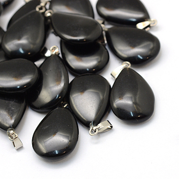 Teardrop Natural Obsidian Pendants, with Platinum Tone Brass Findings, 25~29x16~17x5~6mm, Hole: 2x7mm