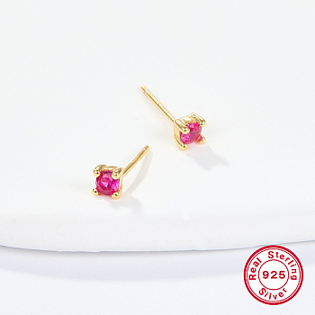 Golden Sterling Silver Micro Pave Cubic Zirconia Stud Earring, Square, Fuchsia, 4x4mm