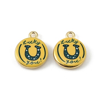 Printed Alloy Pendants, Flat Round with Horseshoe Pattern Charms, Long-Lasting Plated, Rack Plating, Golden, 18x14.5x3.5mm, Hole: 1.8mm