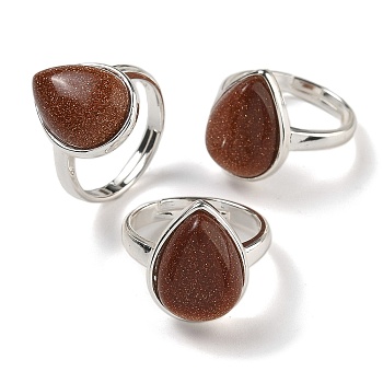 Synthetic Goldstone Teardrop Adjustable Rings, Lead Free & Cadmium Free, Silver Plated Brass Finger Rings for Women Men, Teardrop: 18.5x14mm, Inner Diameter: 18mm