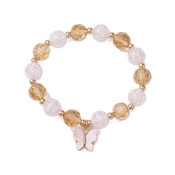 10mm Round Imitation Austrian Crystal & Crackle Acrylic Beaded Stretch Bracelets, Butterfly Alloy Acrylic Charm Bracelets for Women, Pink, Inner Diameter: 1-7/8 inch(4.8cm)