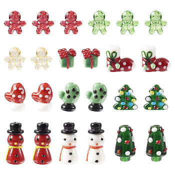 46Pcs 11 Style Christmas Handmade Lampwork Beads, Snowman/Gift Box/Gloves/Tree, Mixed Color, 10~26x11~18.5x7~13mm, Hole: 1~3mm