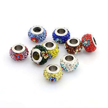 201 Stainless Steel Polymer Clay Grade A Rhinestone European Beads, Large Hole Rondelle Beads, Mixed Color, 12x7mm, Hole: 5mm