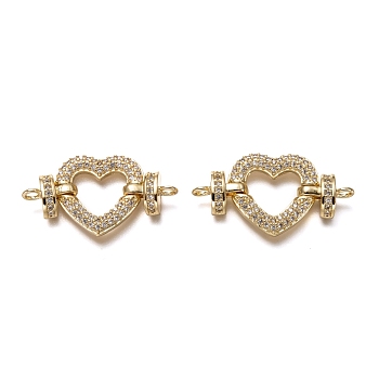 Brass Micro Pave Clear Cubic Zirconia Links Connectors, Long-Lasting Plated, Heart, Real 18K Gold Plated, 18.5x34x4.5mm, Hole: 2mm