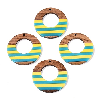 Epoxy Resin & Walnut Wood Pendants, Geometric Charms, Flat Round, 37.5x38.5x3.5mm, Hole: 2mm