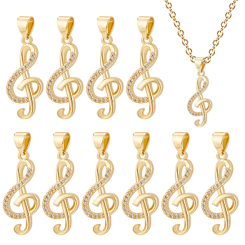 10Pcs Brass Micro Pave Cubic Zirconia Pendants, Cadmium Free & Lead Free, Long-Lasting Plated, Musical Nota, Clear, Real 18K Gold Plated, 22.5x10x3mm, Hole: 3.5x4mm