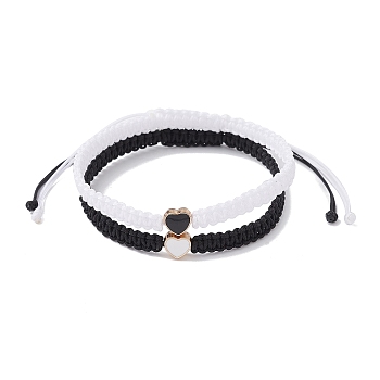 2Pcs 2 Colors Braided Nylon Thread, Chinese Knotting Cord Beading Cord Braided Bead Best Friends Bracelts, with Alloy Enamel Beads, Heart, White, Black, 60~110, 1pc/color