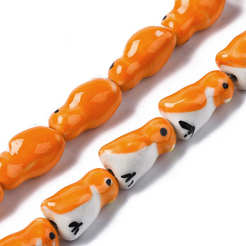 Handmade Porcelain Ceramic Beads Strands, Famille Rose Style, Penguin, Orange, 16~18x9~11x10~11mm, Hole: 1.4mm, about 18pcs/strand, 12.2 inches(31cm)