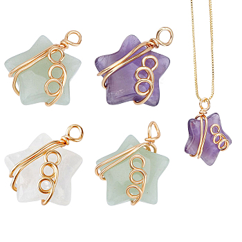 4Pcs Natural Mixed Stone Pendants, Star Charm, with Golden Tone Copper Wire Wrapped, 28~29x19~20x9~11mm, Hole: 2.5~3mm