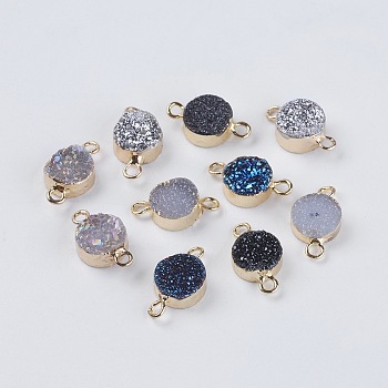Natural Druzy Agate Links connectors, with Light Gold Plated Brass Findings, Flat Round, Mixed Color, 14.5x8x4~5mm, Hole: 1.5mm