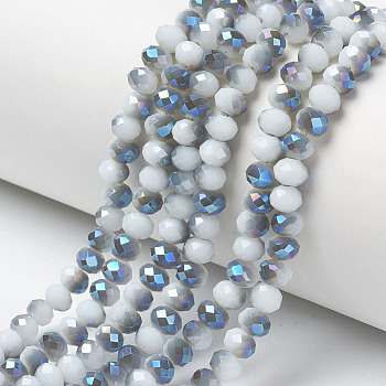 Electroplate Opaque Solid Color Glass Beads Strands, Half Plated, Blue Plated, Faceted, Rondelle, WhiteSmoke, 8x6mm, Hole: 1mm, about 65~68pcs/strand, 15.7~16.1 inch(40~41cm)