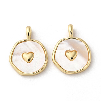 Rack Plating Brass Pendants with Natural Shell, Flat Round Charms with Heart, Long-Lasting Plated, Lead Free & Cadmium Free, Real 18K Gold Plated, 18.5x14x4mm, Hole: 3.5x2mm