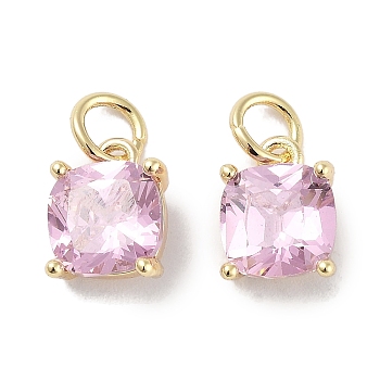 Brass Micro Pave Cubic Zirconia Charms, with Jump Ring, Suqare, Real 18K Gold Plated, Pink, 9.5x7x3.5mm, Hole: 2.5mm