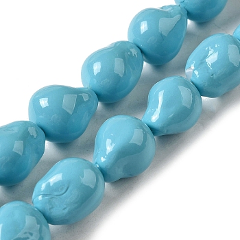 Electroplated Shell Pearl Beads Strands, Nuggets, Sky Blue, 14~16x12~13mm, Hole: 1.2mm, about 27pcs/strand, 15.75''(40cm)