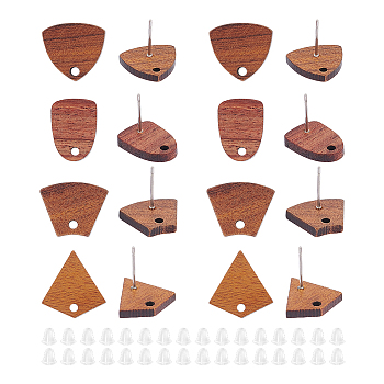 16 Pairs 4 Style Triangle & Kite & Trapezoid Walnut Wood Stud Earring Findings, with 304 Stainless Steel Pins, 100Pcs Plastic Ear Nuts, Coconut Brown, 12~16x11~15.5mm, Hole: 1.6mm, Pin: 0.6mm, 4 Pairs/style