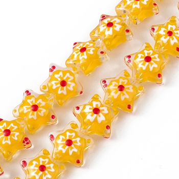 Handmade Lampwork Beads Strands, with Enamel, Star with Sakura Pattern, Gold, 13x13.5x12mm, Hole: 1mm, about 33pcs/strand, 14.72 inch(37.4cm)