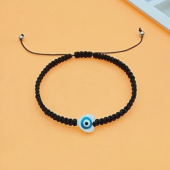 Heart Evil Eye Shell Bead Braided Bead Bracelets, Adjustable Polyester Cord Bracelets for Women, Black, Heart: 3/8 inch(1cm)