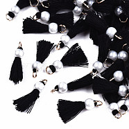 Polycotton(Polyester Cotton) Tassel Pendant Decorations, Mini Tassel, with Golden Tone Iron Findings and ABS Plastic Imitation Pearl, Black, 23mm, Jump ring: 5x0.8mm, 3.4mm inner diameter(FIND-T052-13B)
