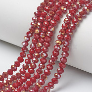 Electroplate Opaque Glass Beads Strands, Half Rainbow Plated, Faceted, Rondelle, Dark Red, 4x3mm, Hole: 0.4mm, about 123~127pcs/strand, 16.5~16.9 inch(42~43cm)(EGLA-A034-P4mm-H04)