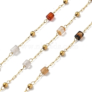 304 Stainless Steel Handmade Chains, Natural Gemstone and Steel Beads Chains, Soldered, with Spool, Real 18K Gold Plated, 2x1x0.3mm, 10m/roll(CHS-C009-21G)