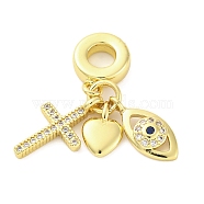 Brass Micro Pave Cubic Zirconia European Dangle Charms, Cross Heart Evil Eye, Large Hole Pendants, Real 16K Gold Plated, 26mm, Hole: 3.7mm(KK-D325-15G)