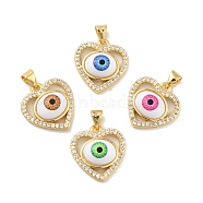 Brass Micro Pave Cubic Zirconia Pendants, with Acrylic, Cadmium Free & Lead Free, Long-Lasting Plated, Heart with Evil Eye, Real 18K Gold Plated, Mixed Color, 17.5x17x5mm, Hole: 4x3.5mm(KK-B059-43G)