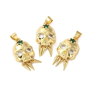 Rack Plating Brass Pave Cubic Zirconia Pendants, Lead Free & Cadmium Free, Real 18K Gold Plated, Long-Lasting Plated, Skull Charm, Clear, 25x13x6mm, Hole: 4x3.5mm(KK-O142-36G)