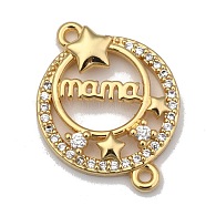 Brass Micro Pave Clear Cubic Zirconia Links, Long-Lasting Plated, for Mother's Day, Flat Round with Star & Word MaMa, Real 18K Gold Plated, 21.5x16x3.5mm, Hole: 1.2mm(ZIRC-A013-11G)