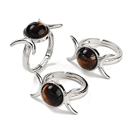 Natural Tiger Eye Adjustable Rings, Platinum Plated Brass Triple Moon Finger Rings for Women Men, US Size 7 1/4(17.5mm)(RJEW-K271-01P-10)