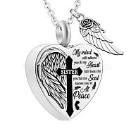 Heart and Wing Urn Ashes Pendant Necklace, Cross with Word Sister 316L Stainless Steel Memorial Jewelry for Men Women, Word, 18.9 inch(48cm)(BOTT-PW0001-039H)