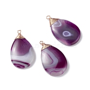 Natural Striped Agate/Banded Agate Pendants, with Light Gold Tone Copper Wire, Medium Purple, Teardrop , Medium Purple, 48~49x28~29x6~7.5mm, Hole: 3mm(PALLOY-JF01201-01)