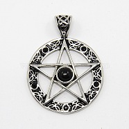 Vintage Men's 304 Stainless Steel Ring with Pentagram Star Pendants, Wicca Pendants, with Rhinestone and Resin, Antique Silver, Jet, 37x28x5mm, Hole: 6x3mm(X-STAS-O044-25A)