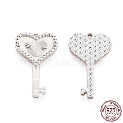 925 Sterling Silver Pendants, Heart Skeleton Key with Word Love Charms, for Valentine's Day, Silver, 18.5x11.5x1.2mm, Hole: 0.7mm(STER-C004-02S)