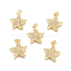 Brass Micro Pave Clear Cubic Zirconia Pendants, Long-Lasting Plated, Starfish/Sea Stars, Clear, Golden, 19.8x17.5x4.5mm, Hole: 4x3.5mm(ZIRC-D119-04G)