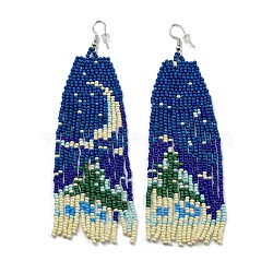Boho Seed Bead Christmas Tree Tassel Earrings, Iron Dangle Earring for Women, Marine Blue, 115x35mm(EJEW-Q380-03B)