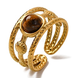 Round Natural Tiger Eye Finger Rings, Golden Tone 304 Stainless Steel Multi-layer Cuff Rings for Women, 10mm, Inner Diameter: Adjustable(RJEW-Q822-15G-01)