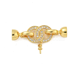 Rack Plating Brass Micro Pave Clear Cubic Zirconia Fold Over Clasps, with Cup Peg Bails, Long-Lasting Plated, Lead Free & Cadmium Free, Double Round Ring, Golden, 20x38x7mm, Hole: 5.5mm(KK-F876-05G)