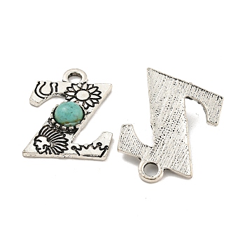 Synthetic Turquoise & Alloy Pendants, Letter Charms, Antique Silver, Letter Z, 24x18x4mm, Hole: 3mm