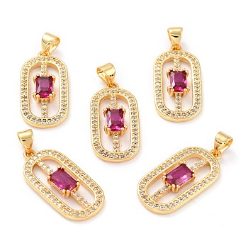Real 18K Gold Plated Brass Micro Pave Cubic Zirconia Pendants, Long-Lasting Plated, Oval, Deep Pink, 23.5x11.5x3mm, Hole: 3.5x4.5mm