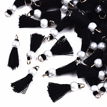 Polycotton(Polyester Cotton) Tassel Pendant Decorations, Mini Tassel, with Golden Tone Iron Findings and ABS Plastic Imitation Pearl, Black, 23mm, Jump ring: 5x0.8mm, 3.4mm inner diameter