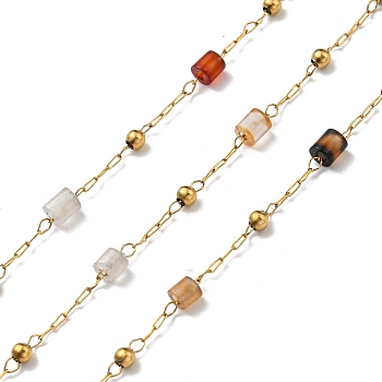 304 Stainless Steel Handmade Chains, Natural Gemstone and Steel Beads Chains, Soldered, with Spool, Real 18K Gold Plated, 2x1x0.3mm, 10m/roll