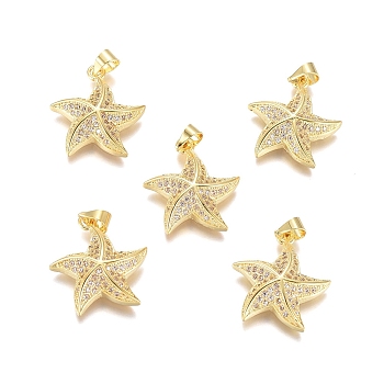 Brass Micro Pave Clear Cubic Zirconia Pendants, Long-Lasting Plated, Starfish/Sea Stars, Clear, Golden, 19.8x17.5x4.5mm, Hole: 4x3.5mm